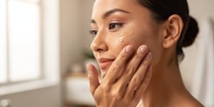 Femme appliquant un sérum aux peptides de collagène sur son visage