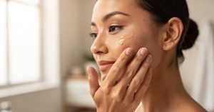 Femme appliquant un sérum aux peptides de collagène sur son visage