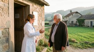 Illustration réaliste d’une commune rurale française avec une maison de santé, une médecin accueillant un homme âgé et une femme âgée dans une ambiance sobre et rassurante.