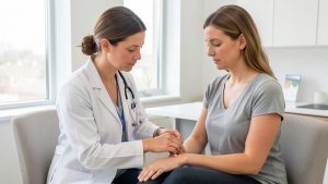 Une médecin examine avec douceur une petite masse sur l’avant-bras d’une patiente dans un cabinet médical lumineux.