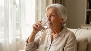 Une femme âgée boit un verre d’eau à l’ombre, dans un intérieur frais et lumineux pendant une journée de canicule.
