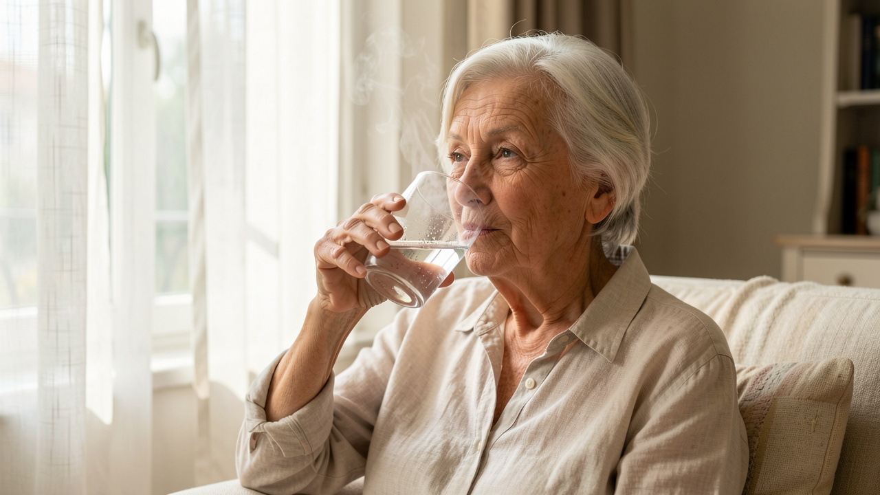 Une femme âgée boit un verre d’eau à l’ombre, dans un intérieur frais et lumineux pendant une journée de canicule.