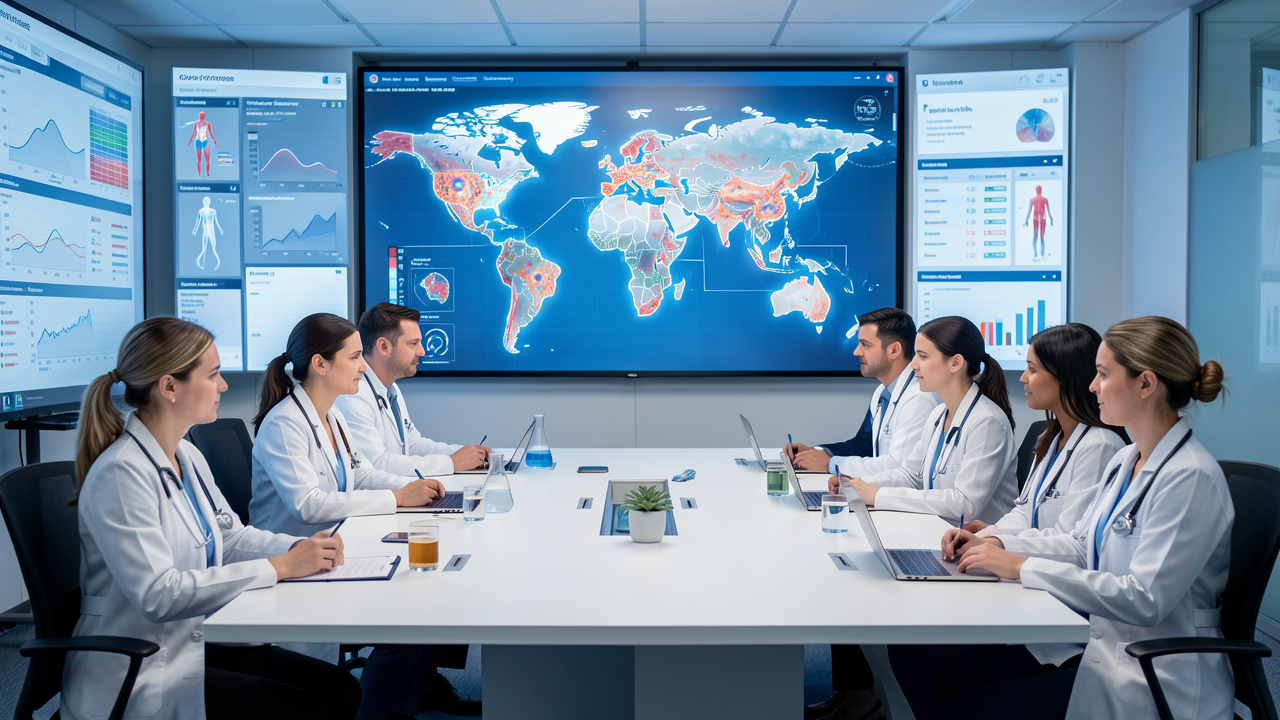 Illustration réaliste et sobre d’une cellule de coordination sanitaire internationale, avec une carte du monde lumineuse, des visualisations de données épidémiologiques et des professionnels de santé réunis autour d’une table.