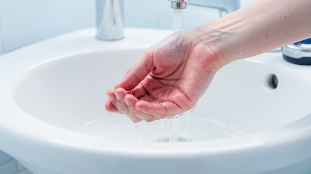 Gros plan réaliste d’une main légèrement rougie refroidie sous un filet d’eau tiède dans un évier blanc propre, dans une ambiance médicale rassurante.