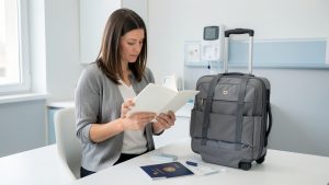 Voyageuse adulte consultant un carnet de vaccination ouvert près d’une valise dans un environnement médical sobre et rassurant.