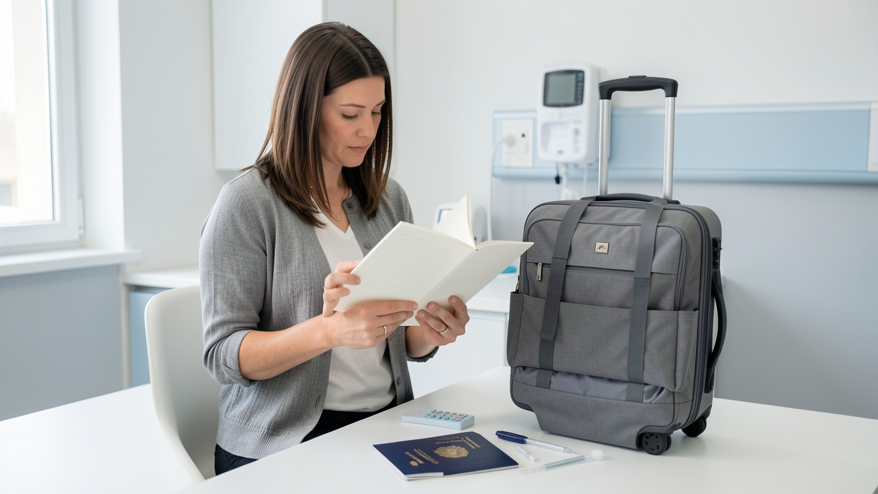Voyageuse adulte consultant un carnet de vaccination ouvert près d’une valise dans un environnement médical sobre et rassurant.