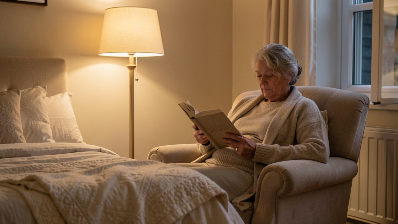 Femme de plus de 50 ans lisant dans un fauteuil confortable, éclairée par une lampe chaude dans une chambre paisible en soirée.