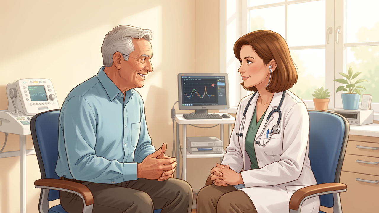 Un homme de plus de 50 ans échange avec une médecin ORL dans un cabinet lumineux et chaleureux, avec un équipement de test auditif visible en arrière-plan.