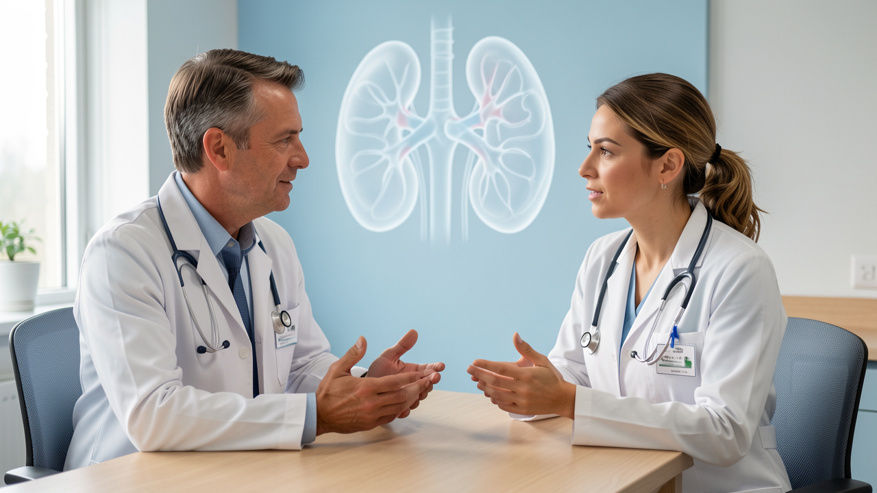 Un homme adulte consulte une médecin dans un cabinet médical lumineux et rassurant, avec un schéma discret de la vessie et des reins en arrière-plan.