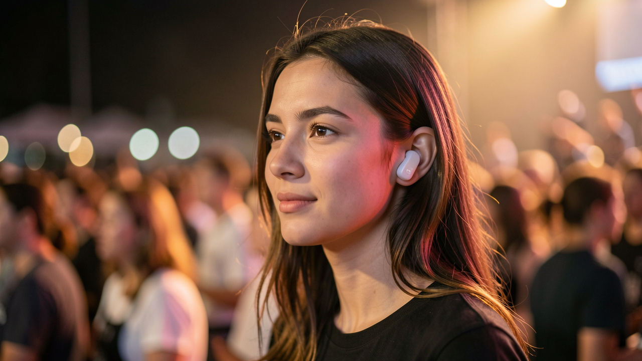 Une jeune femme porte des bouchons d’oreilles filtrants pendant un concert, sous un éclairage doux.