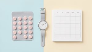 Illustration médicale sobre montrant une plaquette non marquée de pilules progestatives posée près d’une montre analogique et d’un calendrier vierge, dans des tons pastel doux.