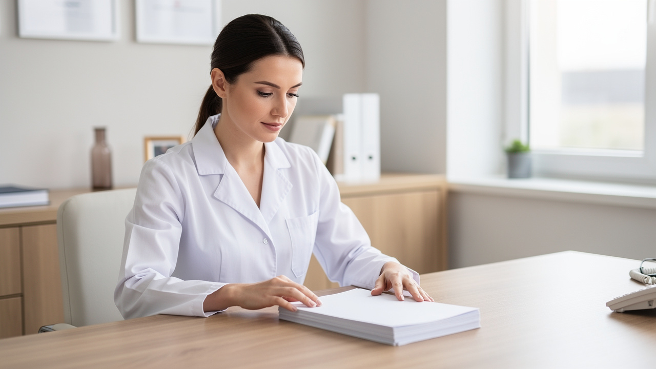 Soignante en blouse blanche examinant des documents administratifs vierges sur un bureau dans un cabinet de santé lumineux et sobre.