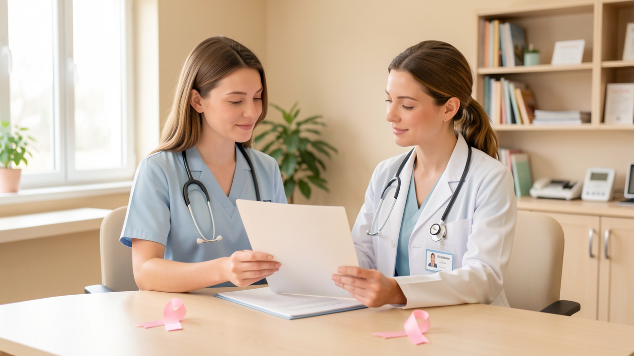Illustration médicale réaliste et apaisante d’une jeune femme en consultation avec une oncologue, examinant un dossier médical vierge avec un discret ruban rose sur le bureau, dans une pièce éclairée par la lumière naturelle.