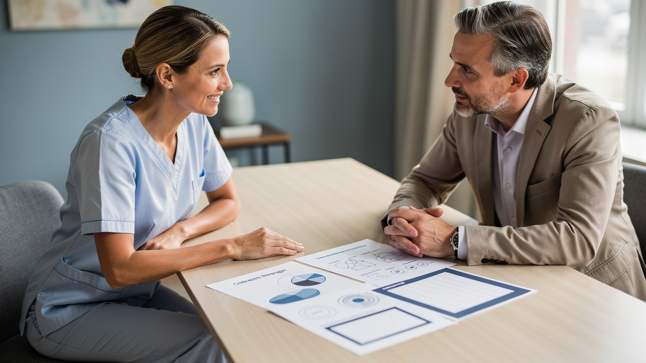 Une professionnelle de santé libérale échange avec un conseiller autour de documents de prévoyance non marqués, dans une ambiance professionnelle et naturelle.